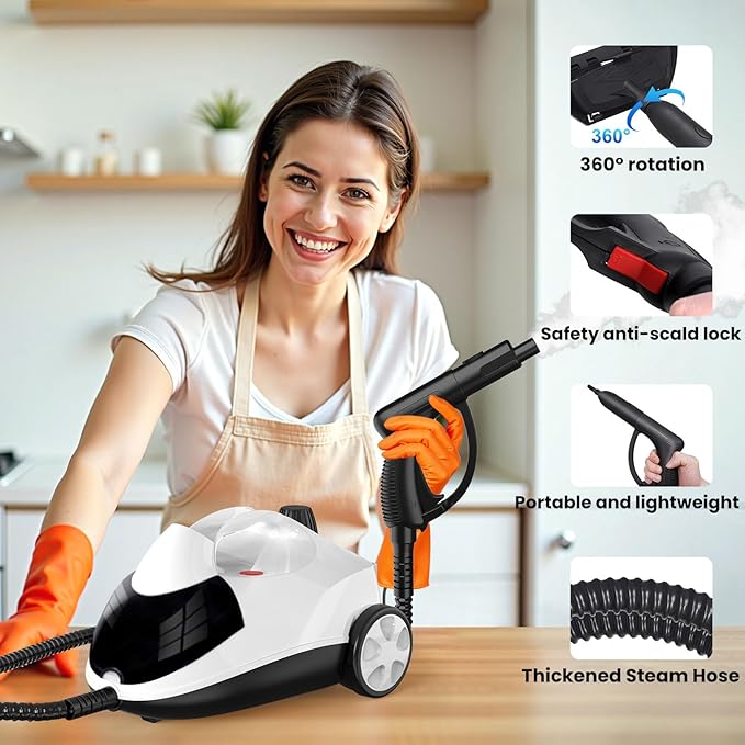 Steam Cleaner 1.5L Steamer for Cleaning Fast Heating 6-in-1 Multi-Surface with 8 Accessories UL499 Certified Portable High Pressure Steam Cleaner for Home, Car, Floors, Sofas, Tiles, Grout