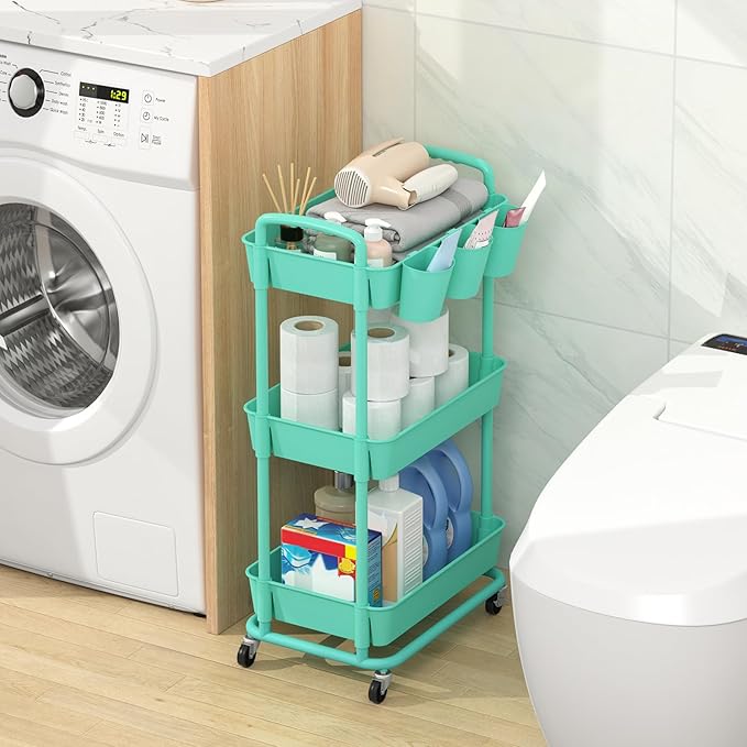 JIUYOTREE 3-Tier Plastic Rolling Storage Cart Utility Cart with Extra Hanging Cups Handles Lockable Wheels for Living Room Bathroom Kitchen Office Green