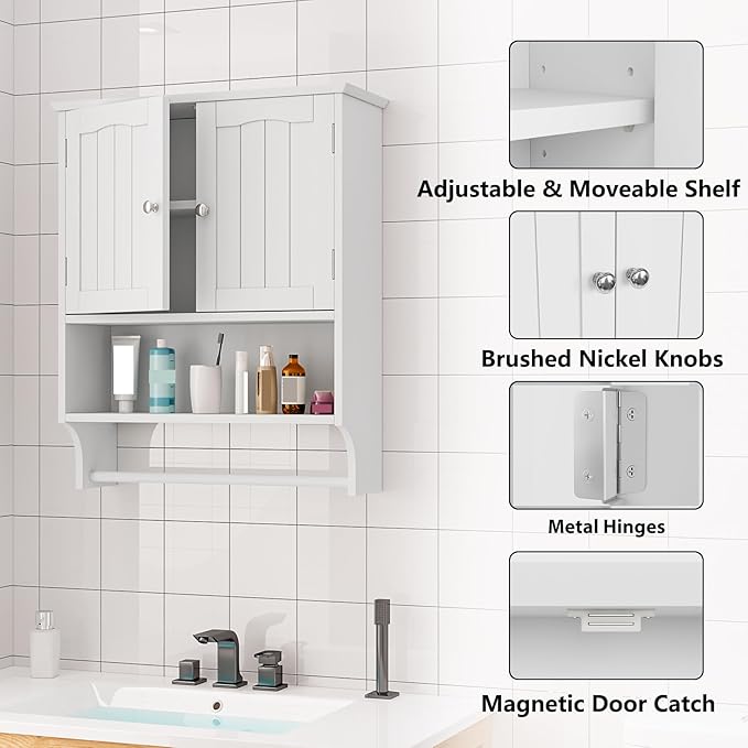 Bathroom Wall Cabinet, Bathroom Cabinet Wall Mount with 2 Doors and Open Shelf, Over The Toilet Wall Storage Cabinet, Bathroom Medicine Cabinet