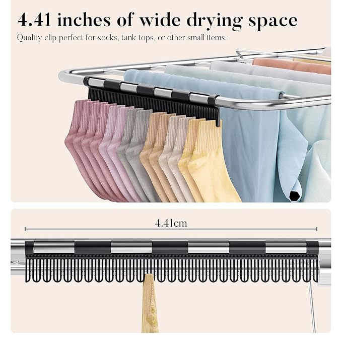 APEXCHASER Clothes Drying Rack with 4 Wings, Stainless Steel Drying Rack Clothing with Sock Clips, Metal Connectors, Height-Adjustable, Foldable Laundry Drying Rack, Indoor Outdoor Use, No Assembly