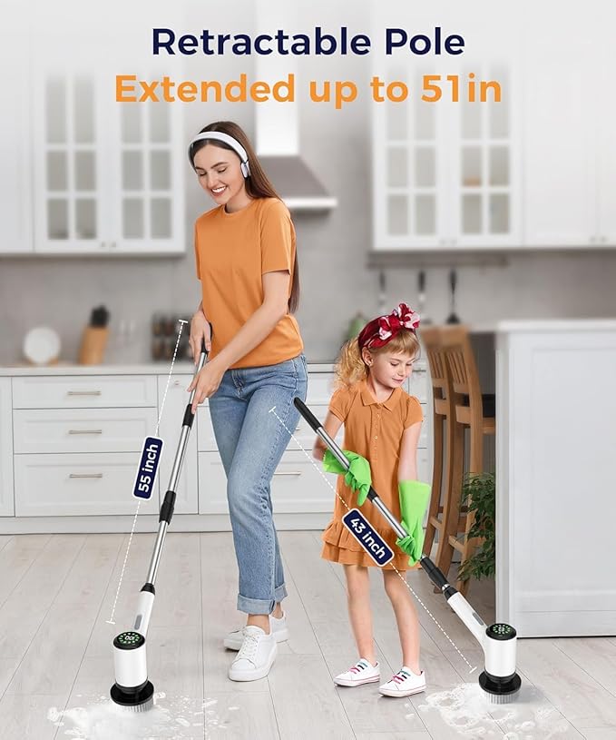 Electric Spin Scrubber, Cordless Cleaning Brush, Bathroom Shower Scrubber with 7 Replaceable Brush Heads, 2 Adjustable Speeds, Extension Handle, IPX7 Waterproof for Tub Tile Floor Car13.