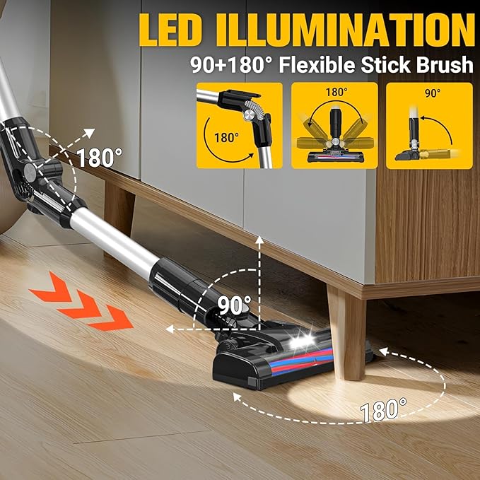 350W Cordless Vacuum Cleaner Compatible with DeWALT 20v Battery(No Battery), 30kPa 6 in 1 Lightweight Stick Vacuum with 2 Mode Suction, 180° Bendable Wand Stick Vacuum Cleaner for Carpet