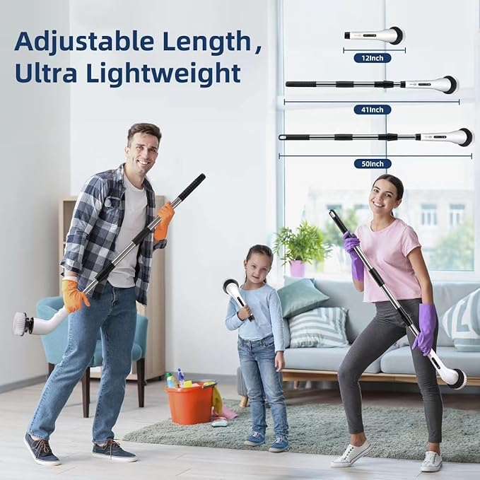 Electric Spin Scrubber Bathroom - Adjustable Handle Cordless Shower Scrubber, 2 Speeds, Bathroom Scrubber with 8 Replaceable Brush Heads, Power Scrubber for Bathtub Cleaning