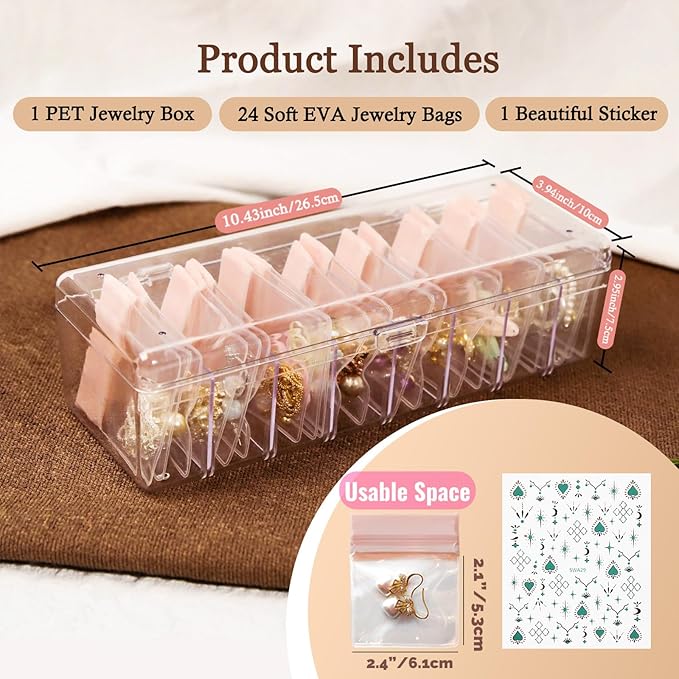 Jewelry Organizer and Storage Box with 24 EVA Anti Tarnish Bags, Travel Acrylic Case for Earrings, Necklaces & Rings, Elegant Gift for Women & Girls (S&Organizer(Brown))
