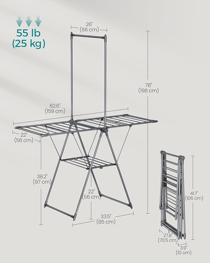 SONGMICS Clothes Drying Rack, Foldable 2-Level Laundry Drying Rack, Free-Standing Airer, 1 Additional Tall Hanging Bar, 2 Height-Adjustable Wings, 24 Drying Rails, Space Savng, Gray ULLR521G01