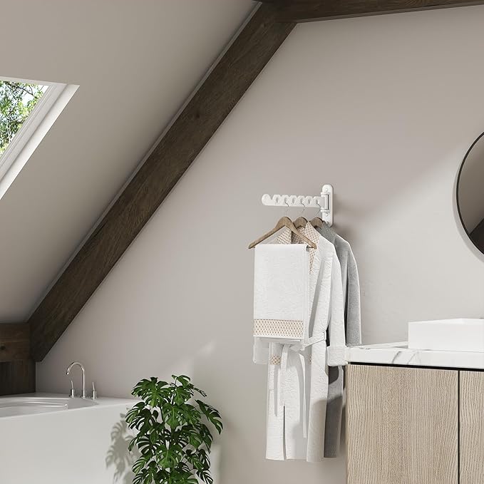 Wall Mounted Clothes Hanger Rack Foldable Drying Rack Hook Folding Indoor for Laundry Room Organization Bedroom Collapsible Racks Perfect for Small Spaces, 6 Hole White 1 Packs