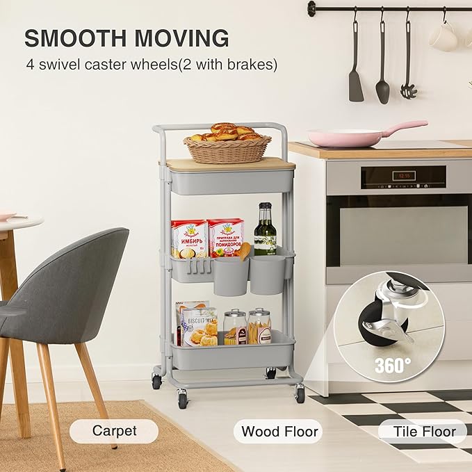 DTK 3 Tier Rolling Utility Cart with Cover Top Board, Movable Kitchen Storage Cart Trolley with Lockable Wheels, Cups, Hooks for Kitchen Bathroom Home Office Art Craft Storage and Organization(Grey)