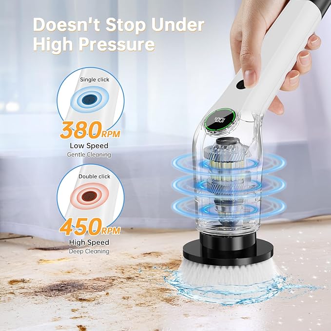 Electric Spin Scrubber, Cordless Shower Scrubber with 8 Scrub Brush, 2 Speed with Adjustable Extension Handle, Battery Level Display, Power Scrubber for Bathroom Bathtub Tile Floor, Black