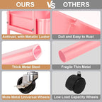 3 Tier Metal Rolling Cart with Lockable Wheels and Handle, Three Tiered Pink Trolley Cart on Wheels, Utility Storage Organizer for Bathroom, Kitchen, Teachers, Art, Crafts, Baby Diaper, Snack, Nail