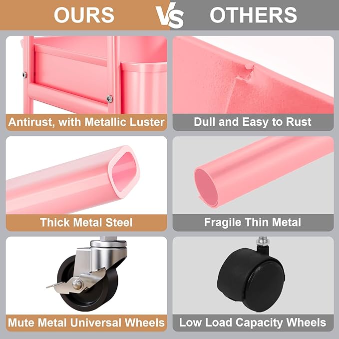 3 Tier Metal Rolling Cart with Lockable Wheels and Handle, Three Tiered Pink Trolley Cart on Wheels, Utility Storage Organizer for Bathroom, Kitchen, Teachers, Art, Crafts, Baby Diaper, Snack, Nail