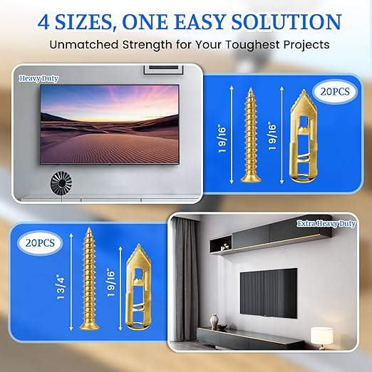 81 Pcs Self Drilling Drywall Anchors with Screws, Upgraded 4 Sizes No-Drill Expansion Anchors and Screws for Heavy Duty, Holds 100Lbs for Wall Decors, TV, Cabinets, Curtains, Includes PH2 Bit