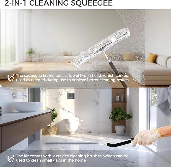 59.5" Long Handle Window Squeegee with Extension Pole, 12.4" Wide Metal Shower Squeegee for Glass Doors, Floor Squeegee for Home Window Cleaning, Tile Wall, Car