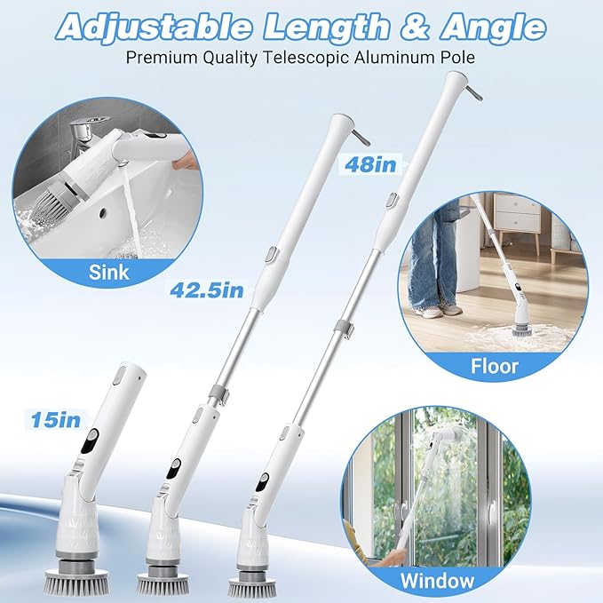 Electric Spin Scrubber, Cordless Cleaning Brush with 8 Brush Heads, Power Shower Scrubber with Long Handle, Electric Brush Cleaner with 6 Adjustable Angles IPX7 Waterproof, for Bathroom Floor Tub Car