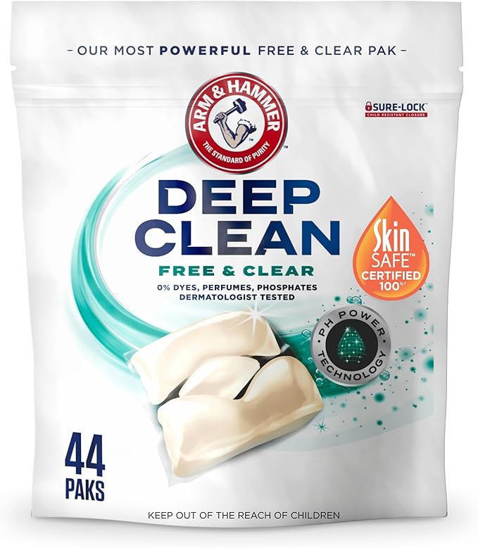 ARM & HAMMER Deep Clean Free & Clear Power Paks Concentrated Laundry Detergent, Free of Dyes, Perfumes and Phosphates, Dermatologist Tested, 44 Count
