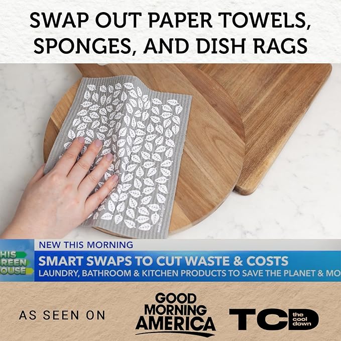 Nordhus Design Large Swedish Dishcloths, 5 Grey Cloths, Made in Sweden - 9.5 x 8 inch Reusable, Washable Cellulose Cotton Kitchen Cloths - Replace Paper Towels, Wipes, Sponges, Dish Rags