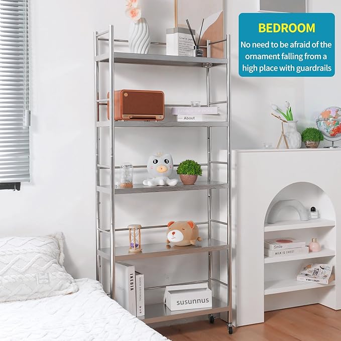 susunnus Stainless Steel Shelf,Shelves for Storage,Metal Kitchen,Garage Shelf,with Wheels,Rolling Shelves,Adjustable Height,Weight Capacity 440LB(27.6in*10.2in-5Twith guardrails)