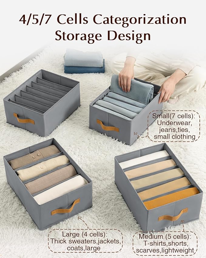 Clothes Organizers and Storage - 4/5/7 Grids Fabric Jeans Organizer with Handles, Foldable Closet Organizers Dividers, Wardrobe organizer for Pant, Sweater, T-shirt, Scarf, 6 Pack, Pale Grey