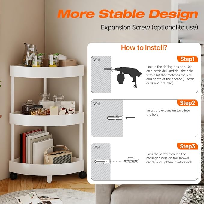 Rolling Cart with Wheels 3 Tier Bathroom Organizer Mobile Shelving Unit Utility Cart Tower Rack Multifunction Utility Storage carts, Kitchen Storage Organizer for Kitchen Laundry Narrow Places, White