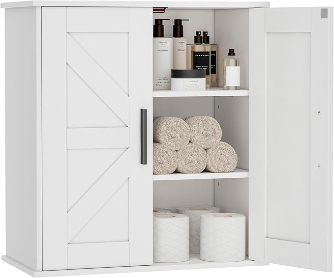 Bathroom Wall Cabinet, Over Toilet Storage Cabinet with Barn Doors and Adjustable Shelves, 3-Tier Medicine Cabinet Wall Mounted, for Bathroom, Kitchen, Entryway, Laundry Room, White, (11.8" D)