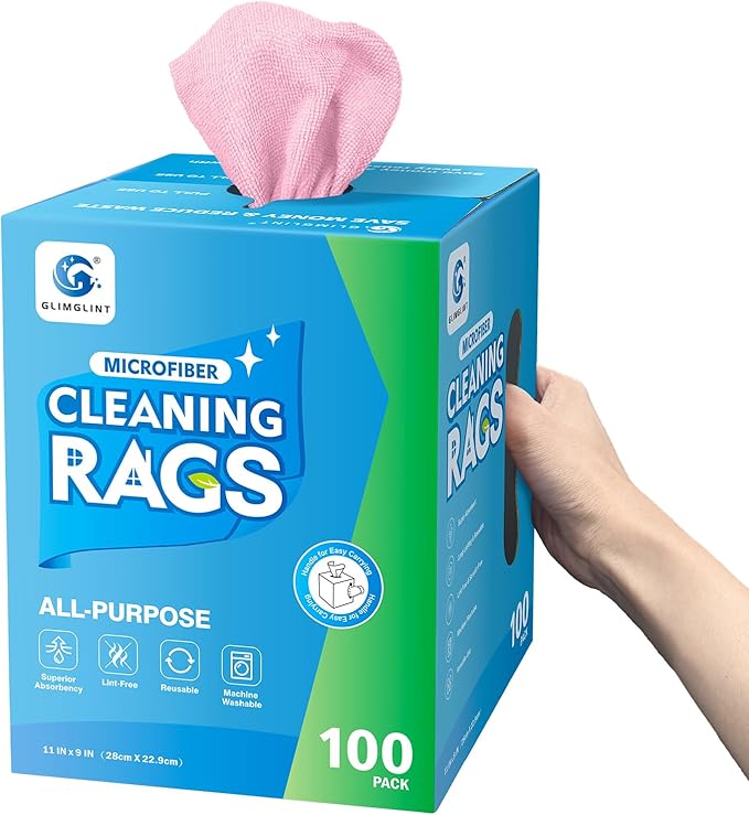 GLIMGLINT Microfiber Cleaning Cloth, 100 Pack Shop Towels, Lint-Free, Ultra Absorbent Reusable or Disposable Microfiber Cloths for Kitchen, Car, Cleaning Rags, 11" x 9", Red