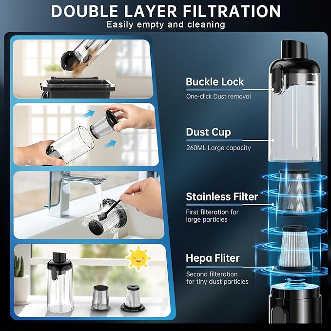 Handheld Vacuum Cordless, Car Vacuum with 16000Pa Powerful Suction, Lightweight at 1.3 lbs, Type-C Charge, Multiple Accessories, Rechargeable Vacuum Cleaners for Home Office Car Pet