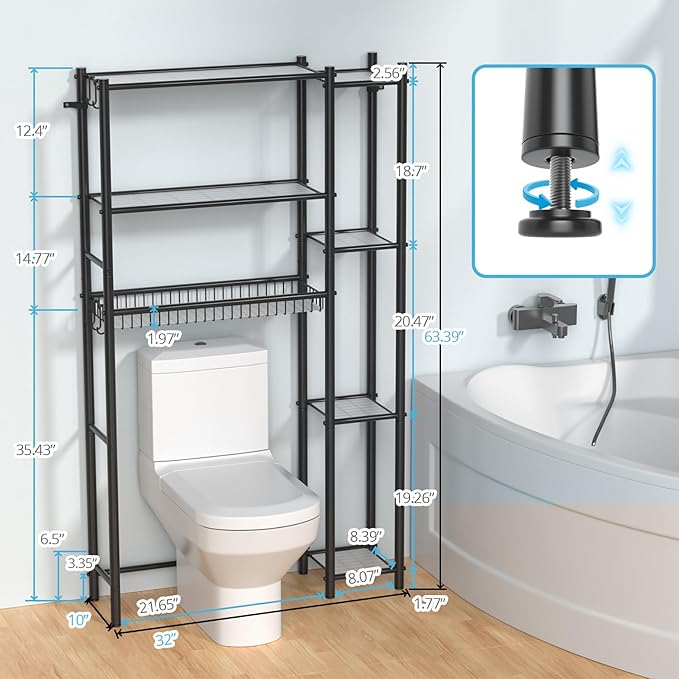 Over the Toilet Storage Shelf - Bathroom Organizer Rack with 7-Tier Shelves, Adjustable Metal Shelf Above Toilet for Towel, Decor, and Bath Essentials, Freestanding Bathroom Space Saver, Black