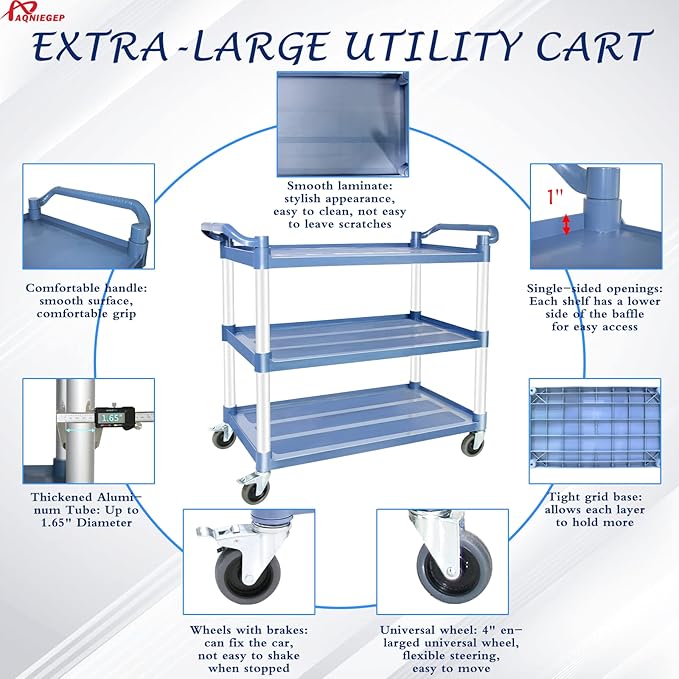 AQNIEGEP Utility Carts with Wheels, Large Food Kitchen Cart Heavy Duty, Rolling Service Cart w/Hammer for Restaurant, Office, Commercial, 600lbs Capacity, Lockable Wheels, 3-Tier