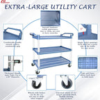 AQNIEGEP Utility Carts with Wheels, Large Food Kitchen Cart Heavy Duty, Rolling Service Cart w/Hammer for Restaurant, Office, Commercial, 600lbs Capacity, Lockable Wheels, 3-Tier