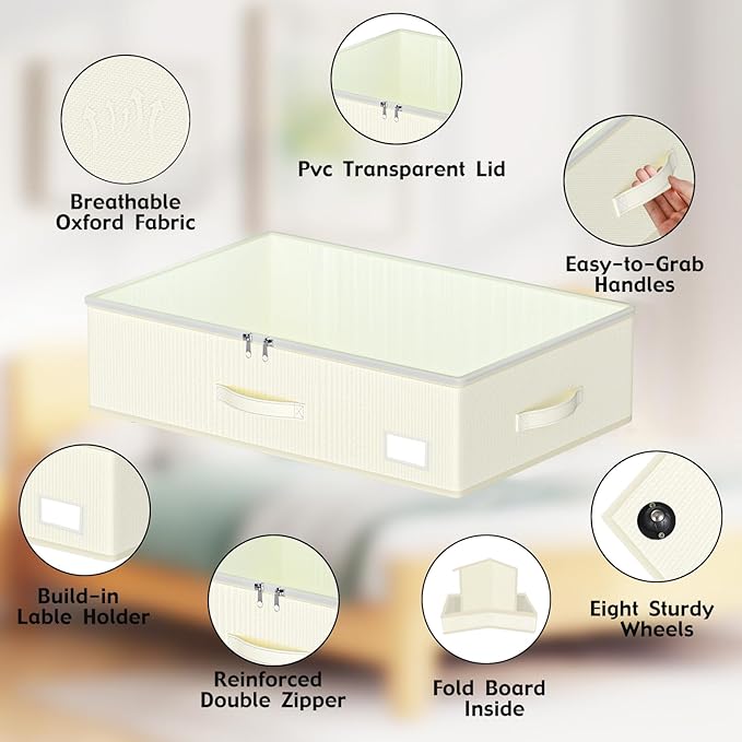 Under Bed Storage with Wheels, No Assemble Required 7.5 inches height Under Bed Storage bins,Large capacity Rolling Underbed Shoe Storage containers，dorm underbed storage drawers