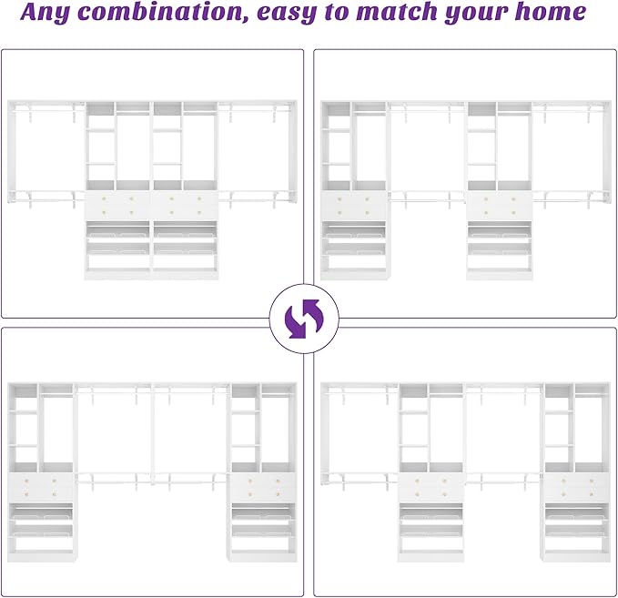 [10 FT Closet System] 120 Inch Reversible Set of 2 Wood Closet Organizer System with 4 Drawers, 6 Hanging Rods Adjustable Shelf, Shoe Rack, White