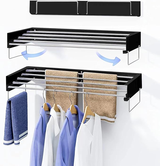 Wall Mounted Laundry Rack, Collapsible Clothes & Towel Drying Rack for Indoor & Outdoor, 60 lb Capacity, 31.5' Wide, 13.5 Linear Ft, Black