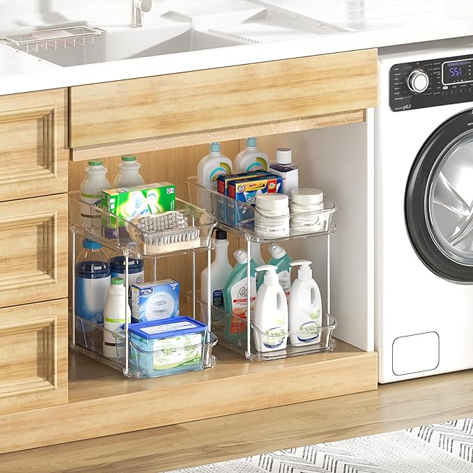 Delamu 4 Pack Bathroom Organizers and Storage, 2 Tier Clear Under Sink Organizer, Pull Out Medicine Cabinet Organizer