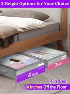 Under Bed Storage, Below 4 Inches High Underbed Storage Containers Low Profile, NO STRUCTURE, Foldable Shallow Storage Bags Bins Organizer Clothes with Clear Lid & Zipper, 2-Pack, 20x40x3.7in
