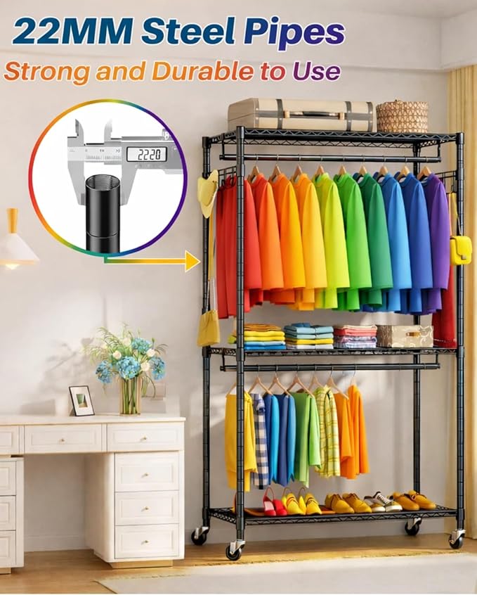 Heavy Duty Clothes Rack, Sturdy Carbon Steel Rolling Garment Rack with Lockable Wheels, Adjustable Shelves & Hooks, Free Standing Clothing Racks for Hanging Clothes, Closet System Max Load 655 LBS