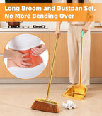 Gold Stainless Steel Broom and Dustpan Set, 2-Piece Long Handle Standing Pan with Comb Teeth, Heavy Duty Windproof Upright Design for Home, Kitchen, Indoor Outdoor Use