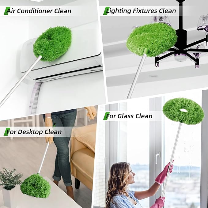 DRQ Ceiling Fan Cleaner Duster, 2 Pack Reusable Microfiber Duster with Extension Pole, 13 to 50 Inch Fan Blade Cleaner, Removable Dusters for Cleaning Walls Bookshelves Door Window Top (Green)