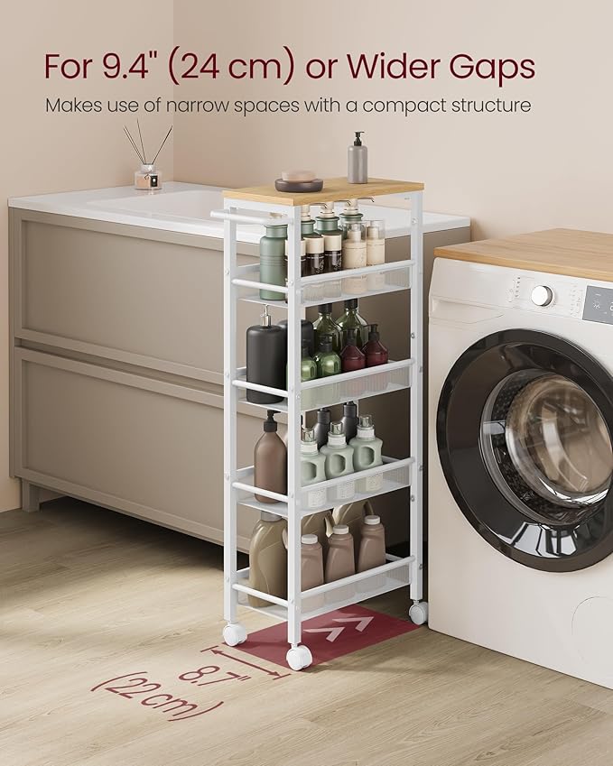 VASAGLE Slim Rolling Cart, 5-Tier Storage Cart, Narrow Cart with Handle, 8.7 Inches Deep, Metal Frame, for Kitchen, Dining Room, Living Room, Home Office, Oak Beige and Classic White ULRC035W09