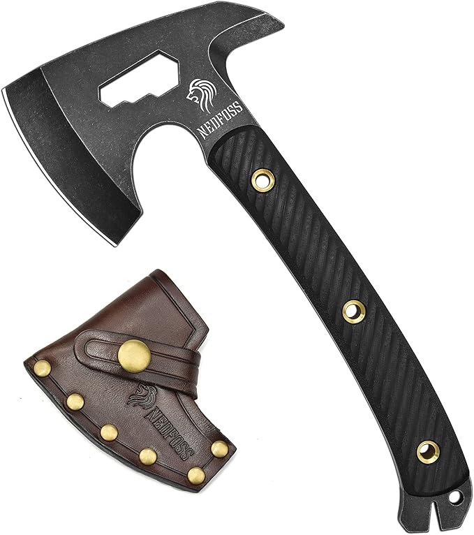 NedFoss Bison 9.8" Tactical Hatchet Axe, Tomahawk Hatchet with Genuine Leather Sheath and G10 Handle, Compact Camping Gear Bearded Axe, Multifunctional Survival Axe with Spike Tools, Camping Axe