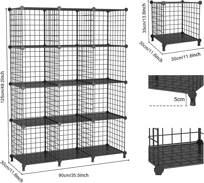 12-Cube Storage Organizer, Metal Wire Cube Shelving Unit, 11.8" L x 11.8" W x 11.8" H, Modular Grid Bookshelf for Closet, Bedroom, Office, Black ATTJL12B
