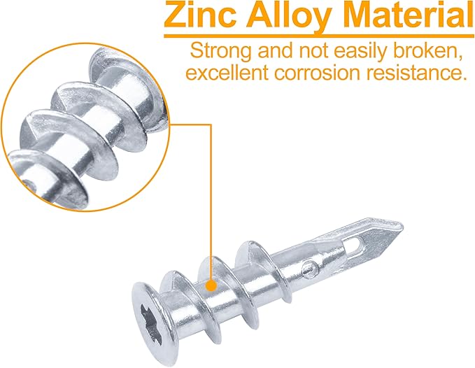 KURUI #8 Zinc Self-Drilling Drywall Anchors, 60PCs Hollow Metal Wall Anchors and Screws Kit, 30 Heavy Duty Anchors + 30#8 x 1-1/4'' Screws, 75LB Hanging and Mounting