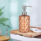 12Oz Amber Glass Soap Dispenser with Stainless Steel Pump, Refillable Kitchen Liquid Hand Soap Dispenser with Diamond Design, for Dispense Hand soap, Dish Soap, Lotion, Bathroom, Countertop, Hotel