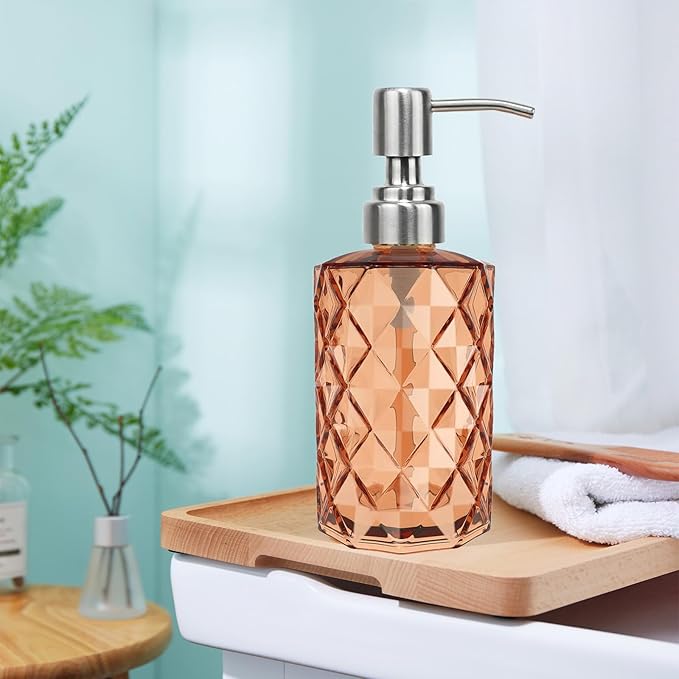 12Oz Amber Glass Soap Dispenser with Stainless Steel Pump, Refillable Kitchen Liquid Hand Soap Dispenser with Diamond Design, for Dispense Hand soap, Dish Soap, Lotion, Bathroom, Countertop, Hotel