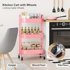 3 Tier Rolling Storage Cart Metal with Lockable Wheels & Reinforced Handle, Three Tiered Art Cart Organizer on Wheels, Pink Utility Carts for Kitchen, Bathroom, Garage, Baby Diaper, Craft, Teacher