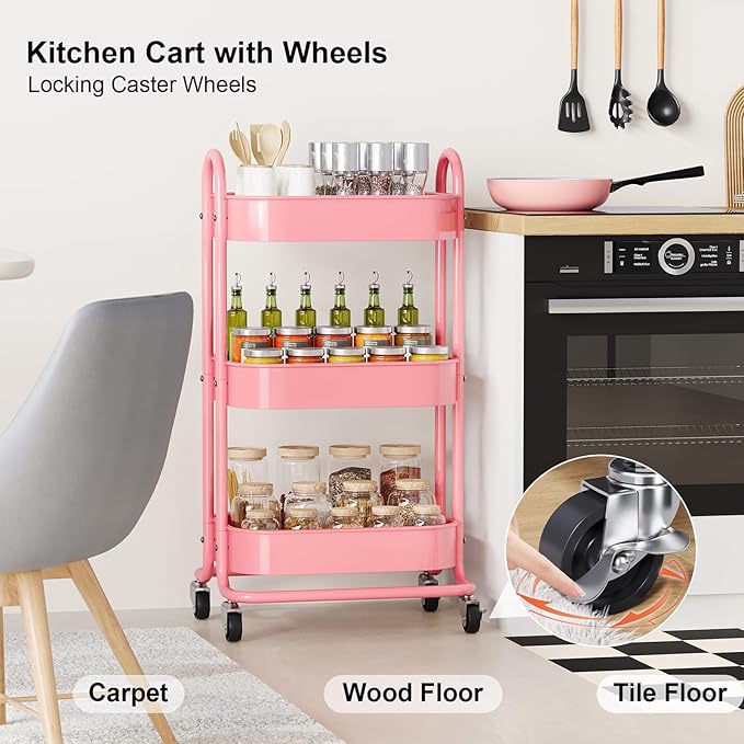 3 Tier Rolling Storage Cart Metal with Lockable Wheels & Reinforced Handle, Three Tiered Art Cart Organizer on Wheels, Pink Utility Carts for Kitchen, Bathroom, Garage, Baby Diaper, Craft, Teacher