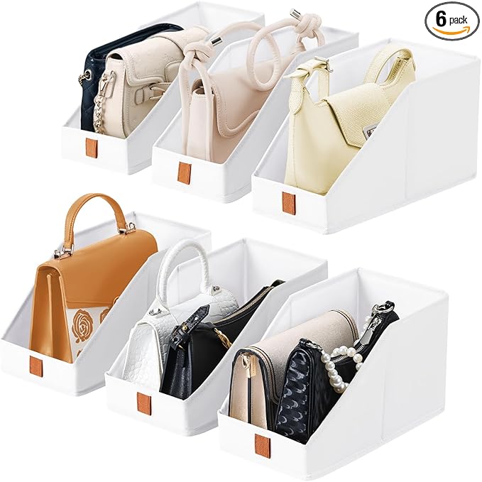 DIMJ Closet Organizers for Purses, Bags & More - Foldable Fabric Cube Storage 6 Pack - White (5.9 x 11.8 x 6.7 in) - Ideal for Shelves, Wardrobe, Bedroom & Office