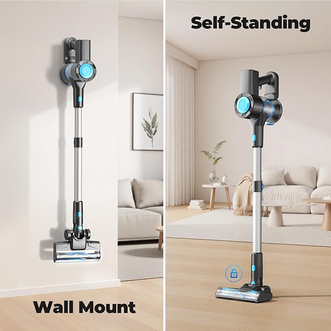 Cordless Vacuum Cleaner, Powerful Lightweight Stick Vacuum with Self-Standing, Anti-Tangle, 8-in-1 Rechargeable Vacuum Cleaners for Home, Hardwood Floors, Carpet, Pet Hair (Blue)