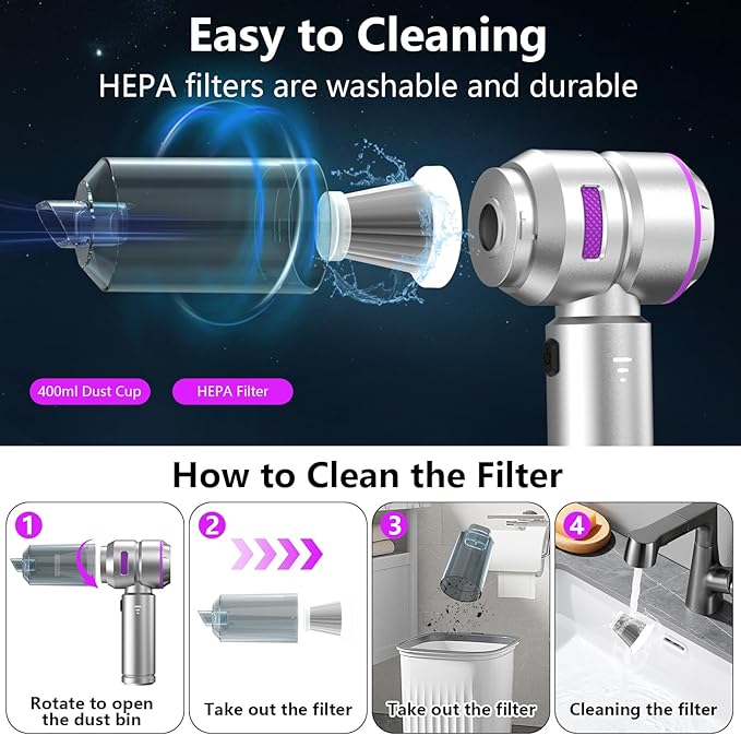 Car Vacuum,4-in-1 Mini Cordless Vacuum Cleaner with 3 Suction Modes&23000pa Suction,Portable Handheld Vacuum with LED Light,Multi-Nozzles&Brushless Motor&Air Dusters,TypeC for Car/Home/Pet/Office