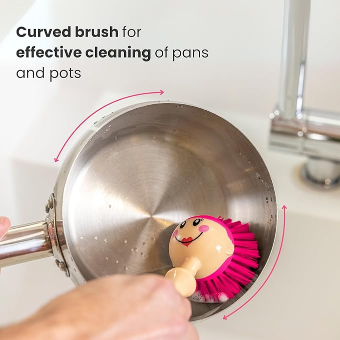 Vigar Dolls April Dish Brush with Ergonomic Handle and Dres-shaped Storage Holder - Scrub Brush for Pans, Pots, Kitchen Sink Cleaning, White, Pink