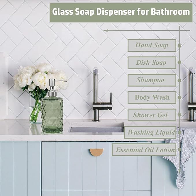12Oz Green Glass Soap Dispenser with Stainless Steel Pump, Refillable Kitchen Liquid Hand Soap Dispenser with Diamond Design, for Dispense Hand soap, Dish Soap, Lotion, Bathroom, Countertop, Hotel