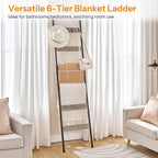 HOOBRO Blanket Ladder, 6-Tier Towel Rack with Hooks, Wall-Leaning Blanket Rack, Decorative Display Ladder Shelf, Scarves, Industrial, Living Room, Bedroom, Black and Greige BG66CJ01
